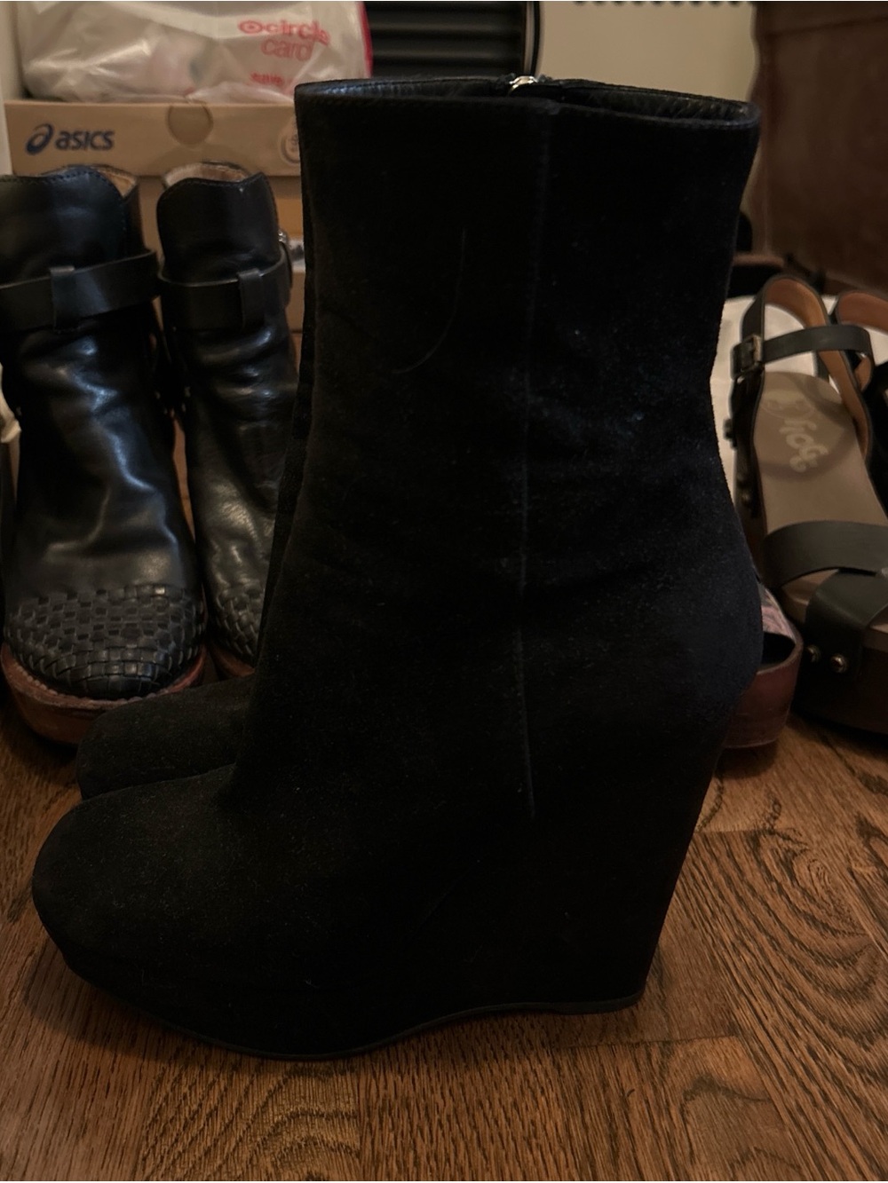 Prada Black Suede Wedge Booties - Women's